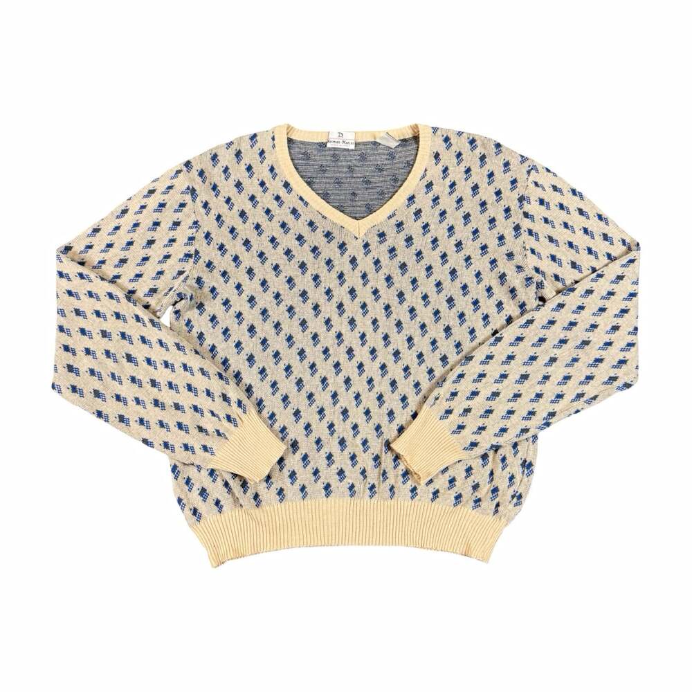 Neiman Marcus V-Neck Knit Sweater L Beige Blue Gray Argyle Cotton Italy